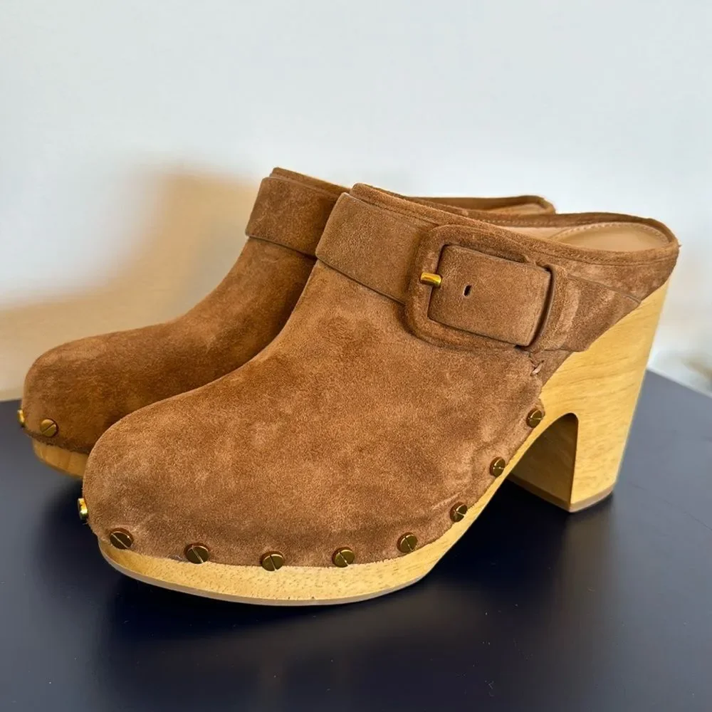 Veronica Beard 7.5 Dacey Pecan Wood & Suede Stud Platform Buckle Trim Clogs